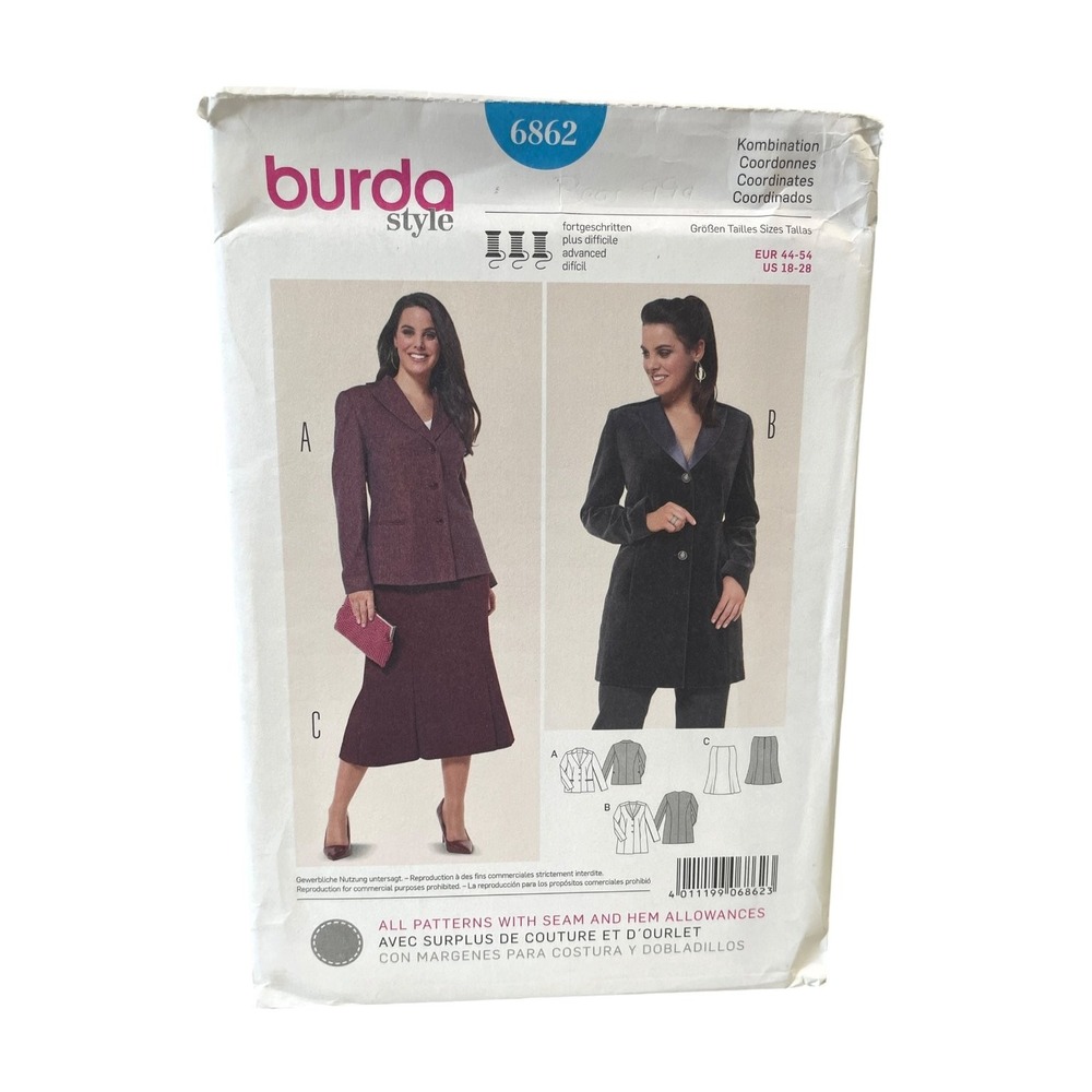 Burda Style 6862 Sewing Pattern Women US 18-28 Multi Jacket Skirt Suit Plus Size